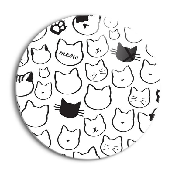 Meow White Cat Faces Paws 24 inch Glass Round Wall Hanging Sign