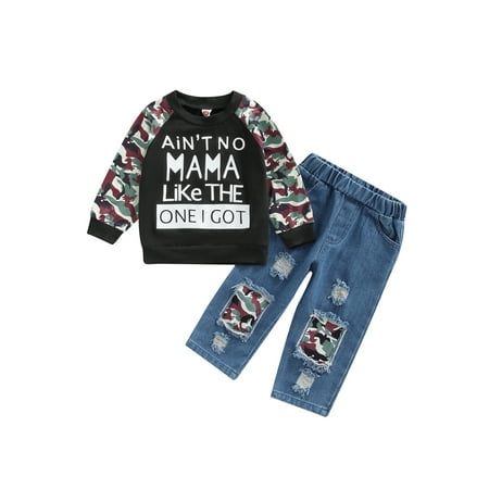 

Genuiskids Toddler Baby Boy s 2Pcs Fall Outfits Round Neck Long Sleeve Letter Printed Camouflage Pullover Tops Elastic Ripped Jeans