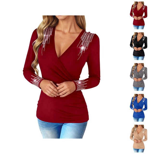 Womens Long Sleeve Tops 2026 Spring Trendy V Neck Rhinestone Shiny T Shirts Y2K Going out Tops Clubwear