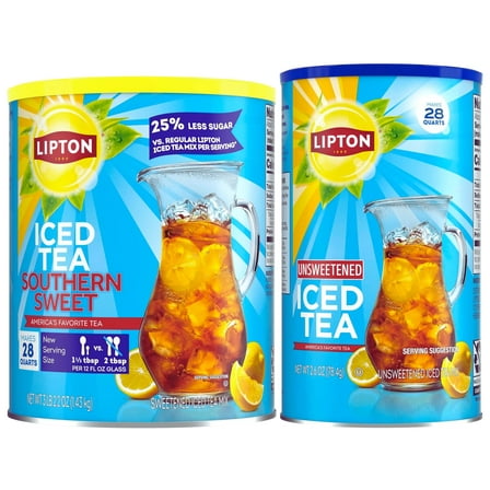 Lipton Variety Pack Iced Tea Mix – Unsweetened Black Tea & Reduced Sugar Southern Sweet Tea, 28 Quarts Each (2 Canisters, Total 56 Quarts)