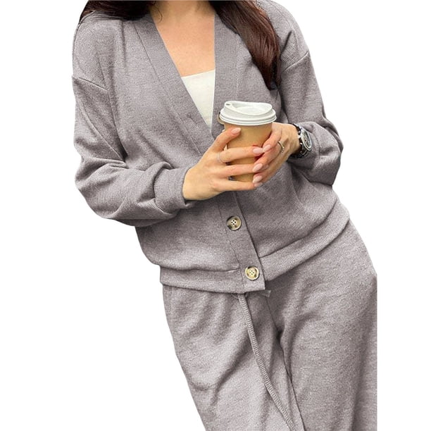 Conjunto Deportivo Dos Piezas para Mujer:Top Larga con Cuello en V y Botones,y Pantalones Deportivos.Conjunto Moderno para Estar Casa,Ideal para Otoño e Invierno.Caqui XXXL