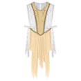 thumbnail image 3 of TiaoBug Womens Color Block Praise Lyrical Dance Dress Tunic Sides Split Irregular Liturgical Dancewear Gold S, 3 of 5