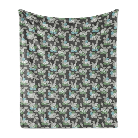 Floral Soft Flannel Fleece Throw Blanket, Abstract Simplistic Flowers and Leaves, Cozy Plush for Indoor and Outdoor Use, 70" x 90", Grey Pale Sage Green, by Ambesonne