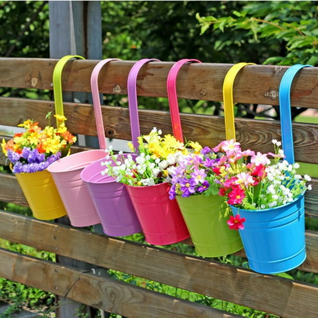 Neinkie Hanging Iron Bucket Planter for Railing Fence Balcony Garden Home Decoration with Hooks