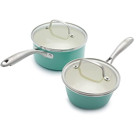 

GreenLife Artisan Healthy Ceramic Nonstick 1QT and 2QT Saucepan Pot Set with Lids Stainless Steel Handle PFAS-Free Dishwasher Safe Oven Safe Turquoise