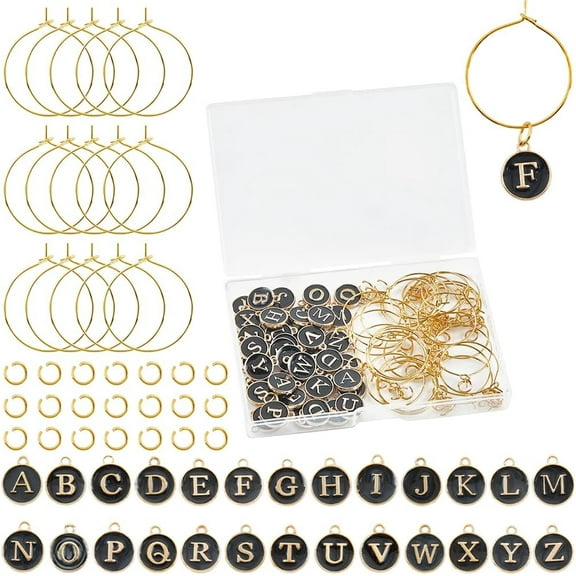 DIY Initial Letter A~Z Alphabet Brass Enamel Wine Glass Charm Rings Making Kits Black 14x12x2mm Hole: 1.5mm