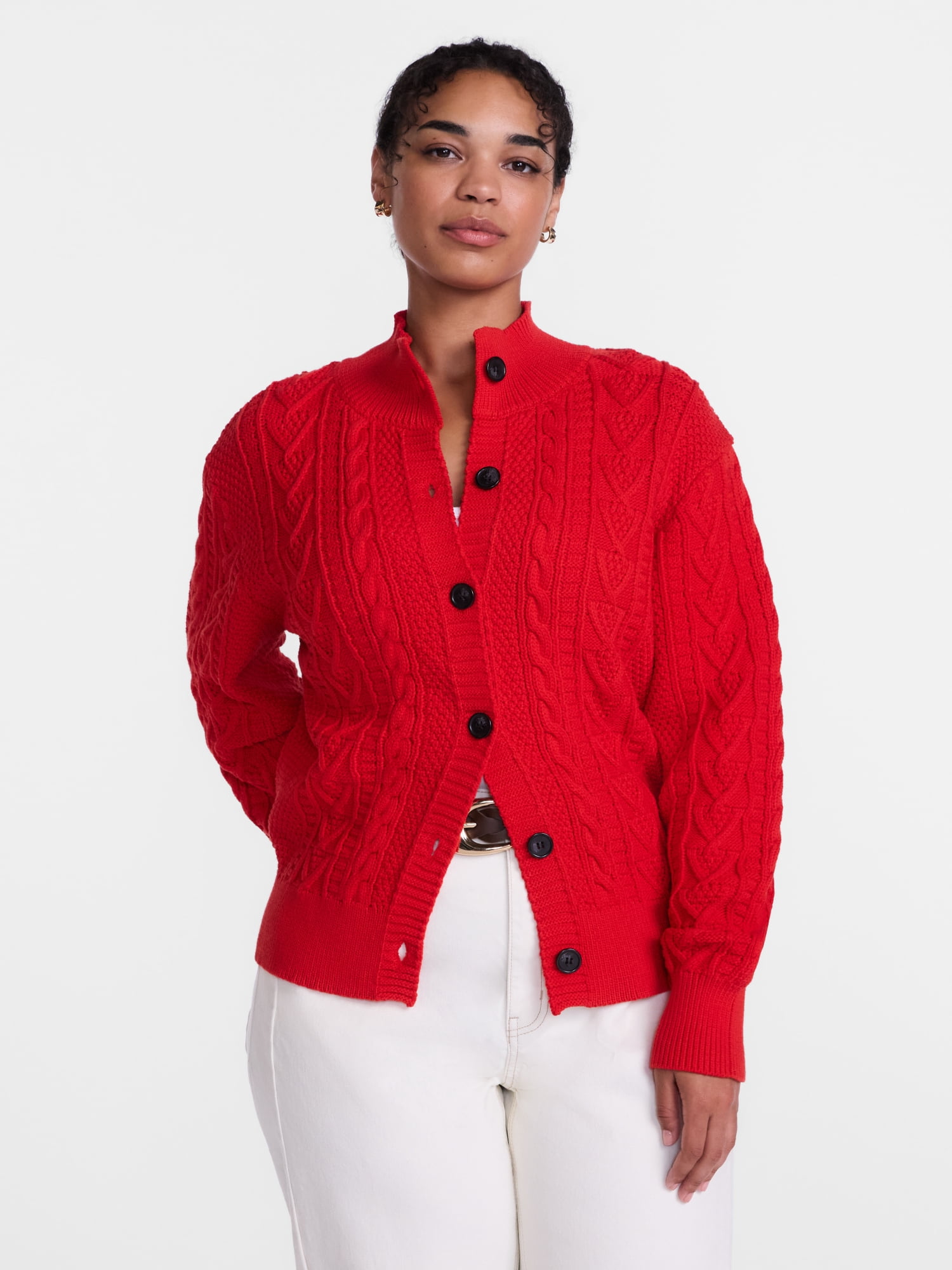 Scenario Woman's Cable Cardigan Sweater with Long Sleeves, Mid-weight, Sizes XS-XXXL