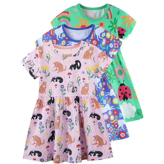 WIBACKER 2-7T Toddler Girl Boho Holiday Casual Dress Short Sleeve Summer Dresses for Kids - 1 Piece Pink Cat