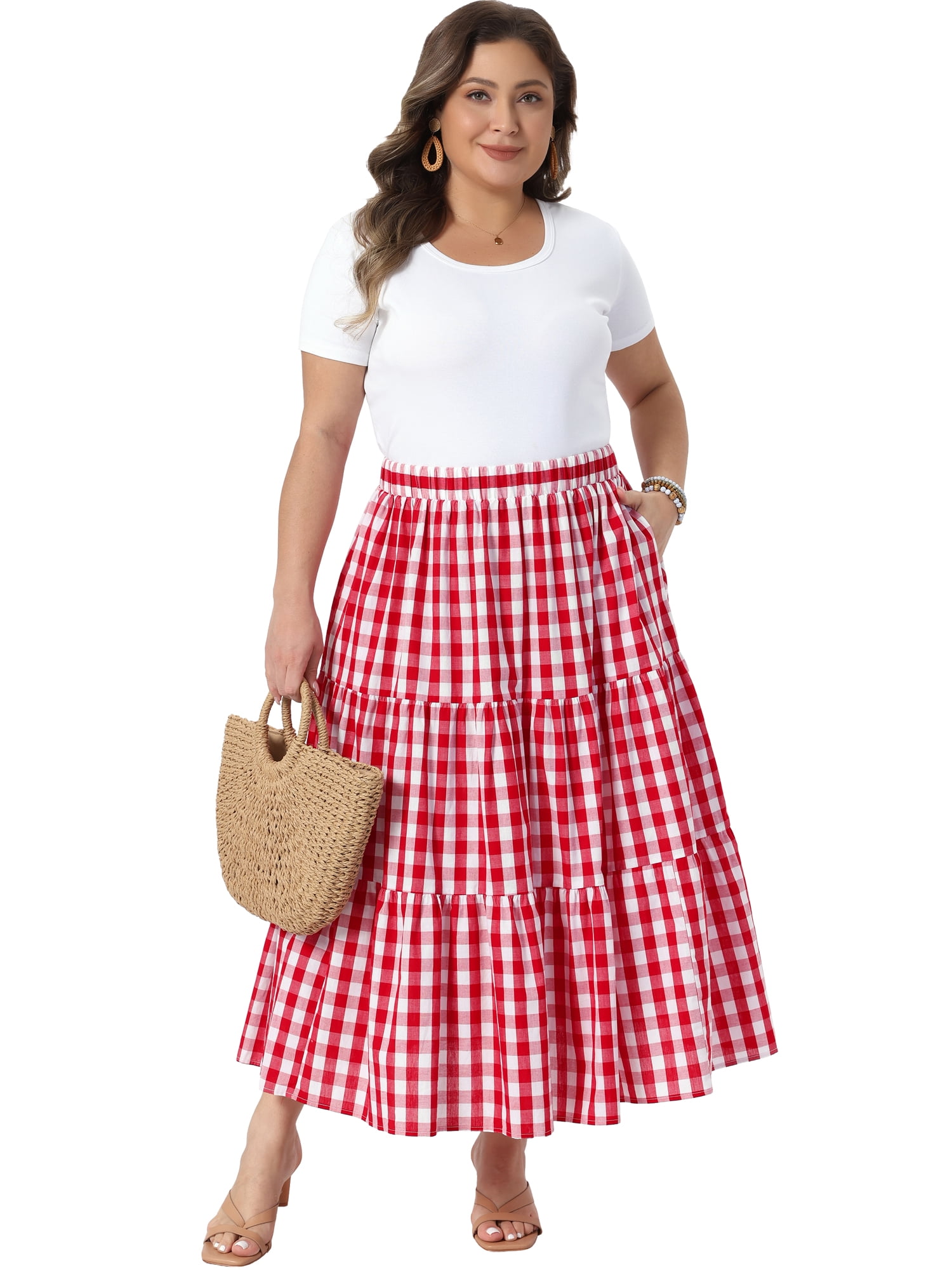 DARING DIVA Women's Plus Gingham Tiered Layer A Line Skirts 2X Red
