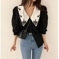 thumbnail image 2 of Camisa de mujer Verano Bordado Solapa Manga abullonada Blusa Retro Top, Negro, XL Yuarrent AP001497-08B, 2 of 7