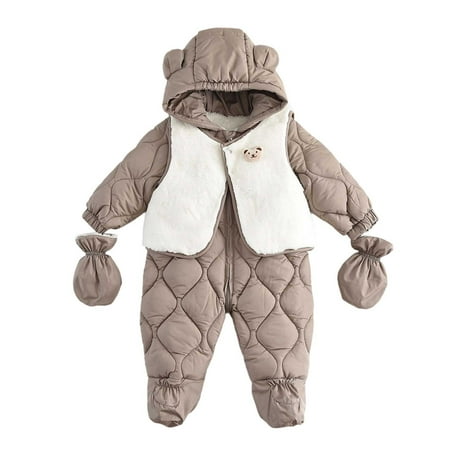 Xfvqtps One Piece Snowsuit with Plush Vest Gloves Hooded Footed Rompers Plush Lined Keep Warm Zipper Cute Waterproof Windproof Winter Jumpsuits Khaki