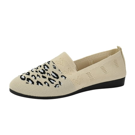 OJSFQUFP Womens Running Shoes Ladies Fashion Leopard Print Breathable Mesh Flat Sole Casual Shoes for Gym Travel Work Flats Women Beige 38