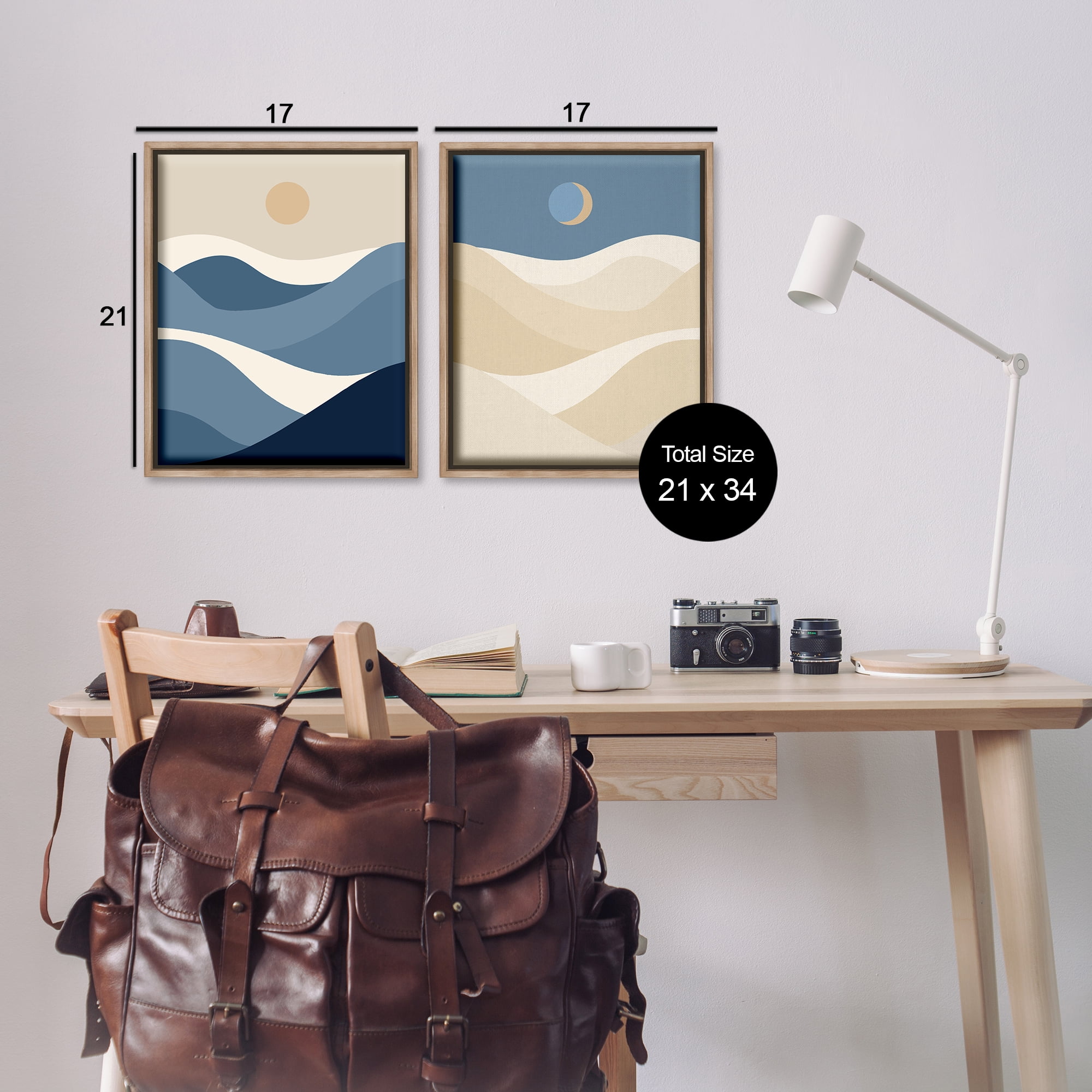 Stupell Industries Moon Over Soft Ripples Landscape & Nature Painting Brown Floater Framed Canvas Art Print Wall Art, 17 x 21, Set of 2