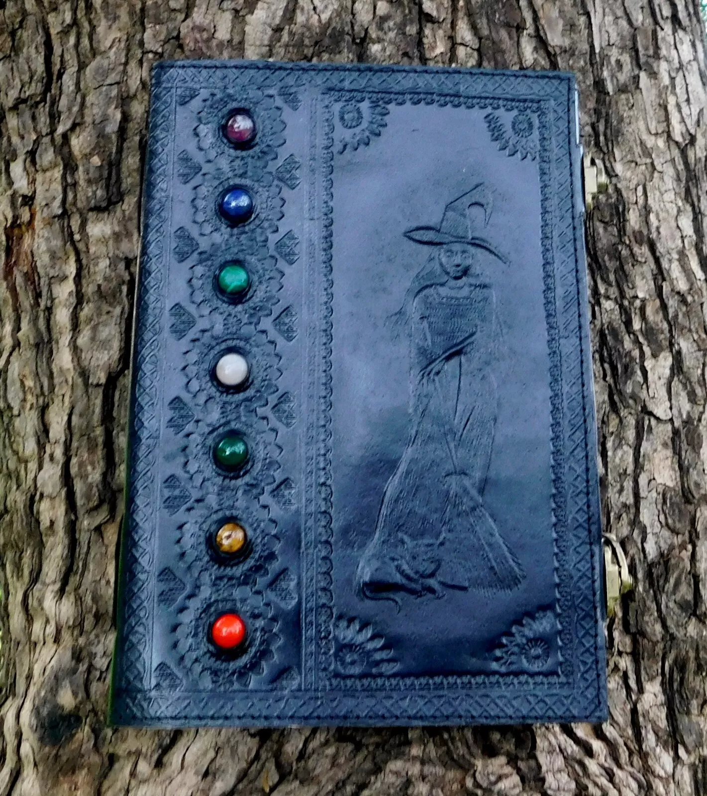 Handcrafted Embossed Witch Design Vintage Leather Bound Journal Seven Stone Grimoire Diary Blank Notebook For Men & Women
