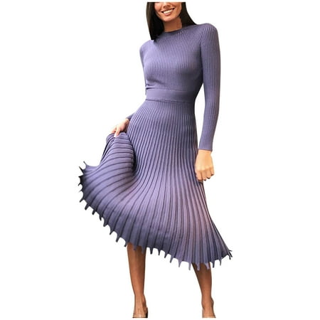 

Juebong Christmas Deals 2022 Fashion Women Solid Knitted Dress O-Neck Long Sleeves Bottoming Pleated Dress Purple L