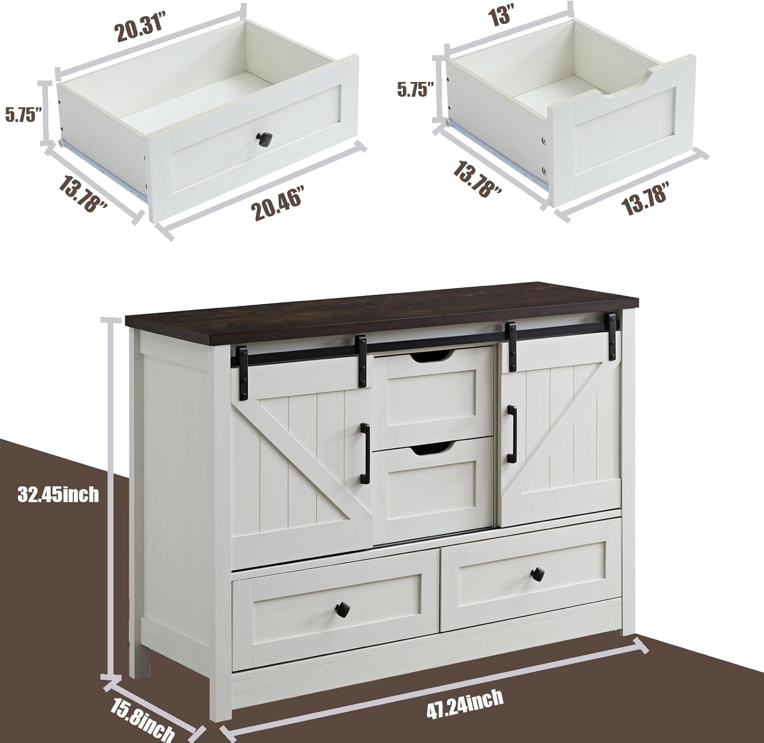 BOSHIRO 4-Drawer Sliding Barn Door Dresser, Antique White with Dark Brown Top, Farmhouse Wide Chest for Bedroom and Living Room