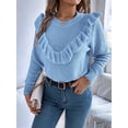 thumbnail image 6 of Cable Knit Striped Sweater for Women Crew Neck Oversized Long Sleeve Pullover Fall Winter Sweater Blue M, 6 of 8