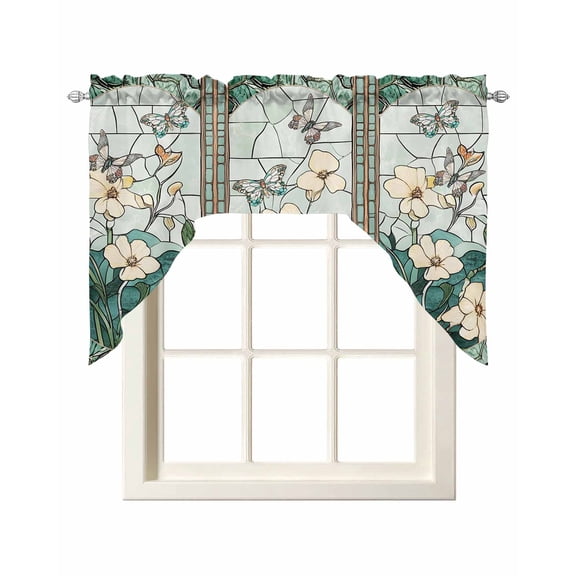 Retro Window Flowering Swag Valance and Tier Curtains Set Teal Floral Butterfly Kitchen Curtains 3 Piece Set Rod Pocket Panels for Bedroom Cafe 56x36 inch