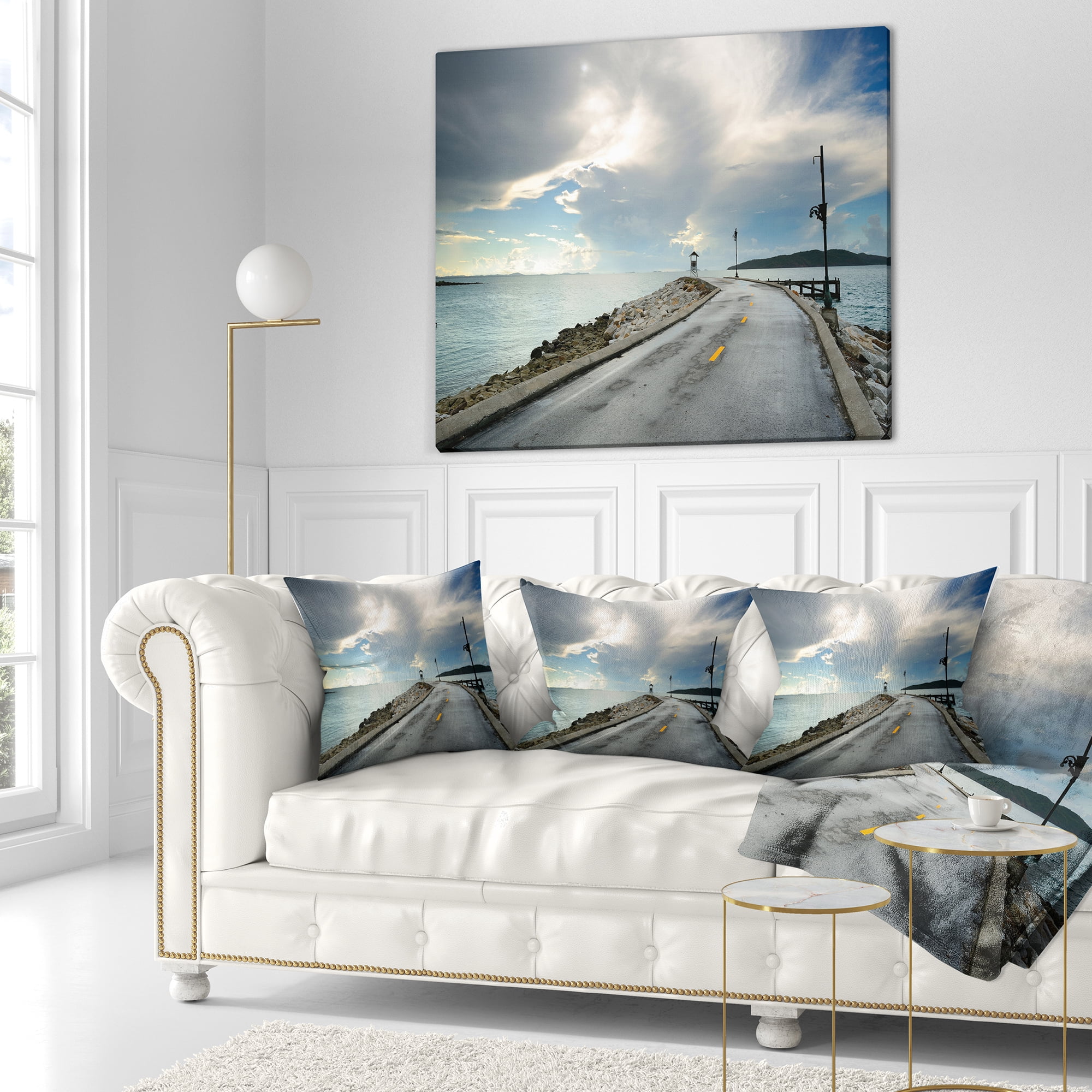 Designart Vintage Pathway into the Ocean - Sea Bridge Throw Pillow - 16x16