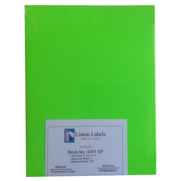 Fluorescent Green Laser Labels, 8.5" x 11", Full Sheet Label, Permanent Adhesive (4301GF) - 100 Sheets