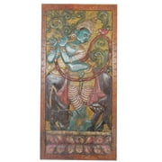 Mogul Vintage Fluting Krishna With Cow Hand Carved Vintage Wall Panel Spiritual Coffee Table Top Barn Door Wall Hanging