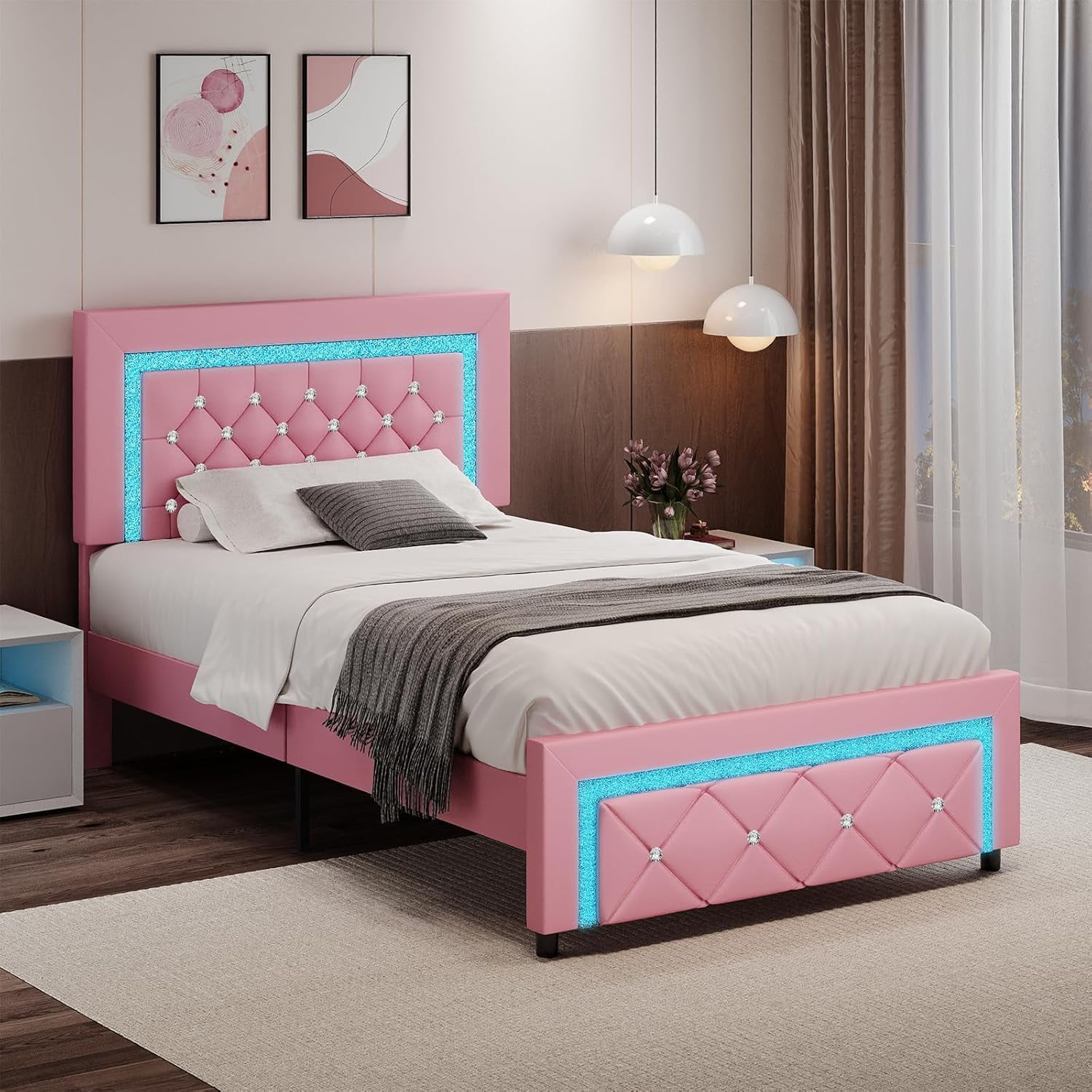 4 EVER WINNER Twin Size LED Bed Frame with Headboard，Upholstered Platform Bed Frame with LED Lights，Diamond Tufted Headboard and Footboard，Pink