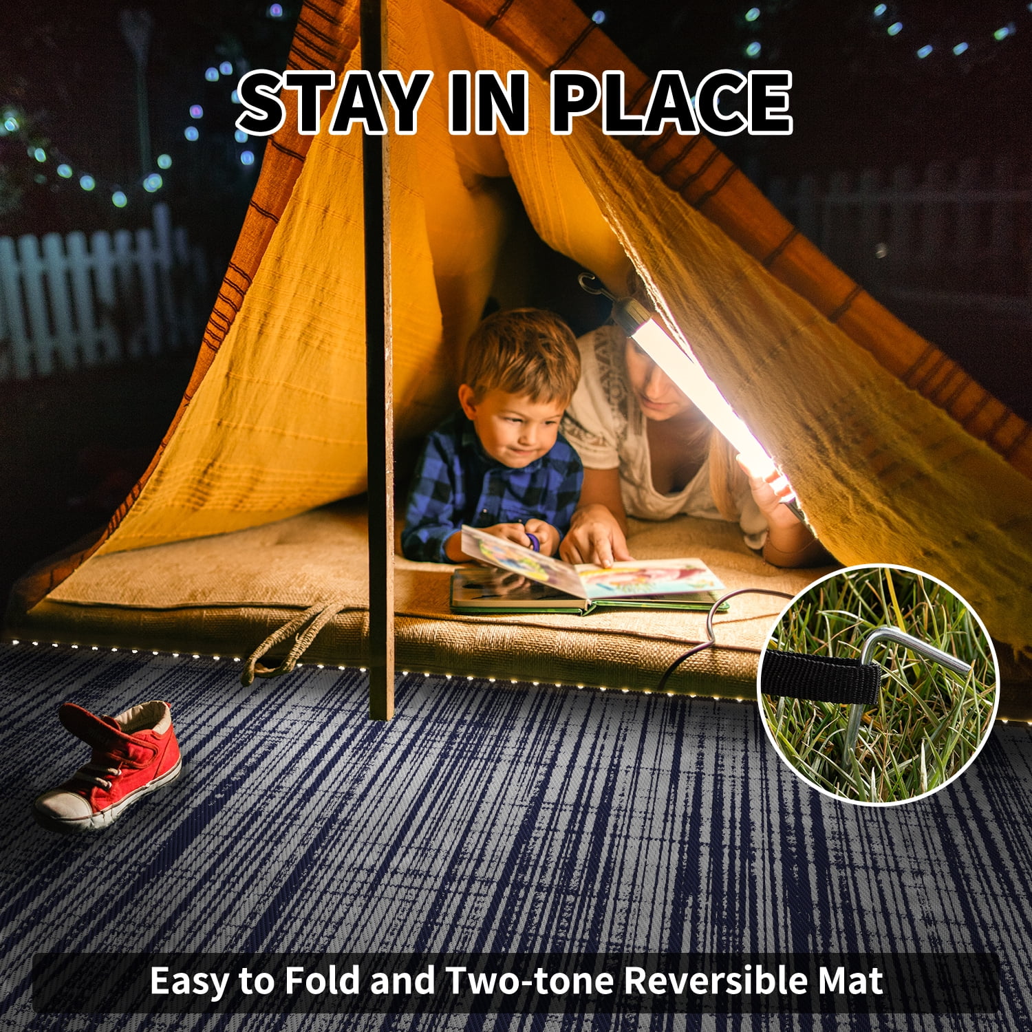 VUNATE Outdoor Rug with LED Strip Lights 8'x10' Waterproof Reversible Patio Rug Plastic Straw Lightweight Indoor Outdoor Rug for RV Camping Deck Balcony Boho Porch Decor Dark Blue and Gray