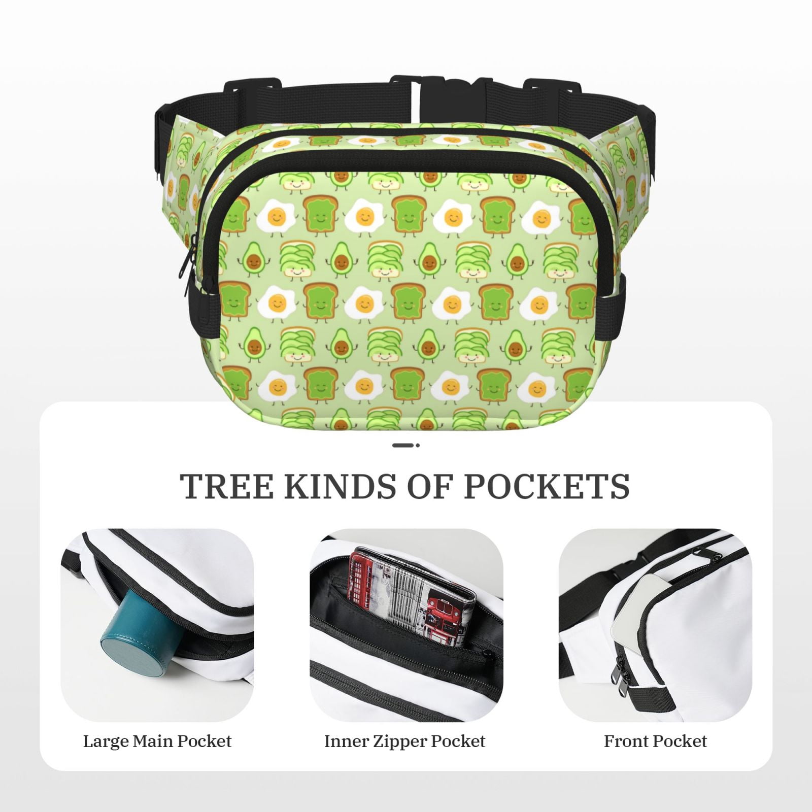 Fuzoiu Avocado And Toast Print Unisex Square Double Layer Waist Bag,Crossbody Fanny Pack Travel Workout Accessory