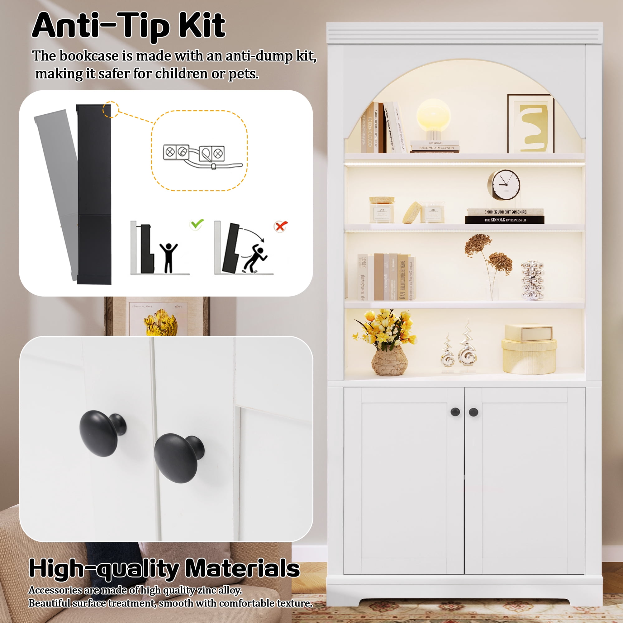 71" Tall Bookshelf Suite with 4-layer LED Lightings, 2 Piece Bookcase with Open Adjustable Shelves