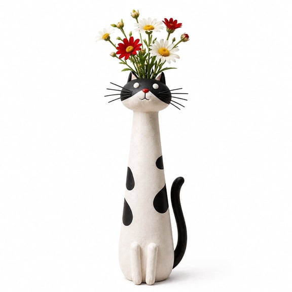 Cat Vase for Flowers, Quirky Handcrafted Kitty Planter, Whimsical Small Bloom Vase, Boho Desk Shelf Decor, Unique Gift for Cat Lovers (White)