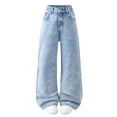 thumbnail image 3 of Babcutegg Women's High-Waisted Wide-Leg Denim Pants Solid-Color Stretch Cotton Blend Straight-Cut Jeans with Slanted Pockets and Relaxed Fit Light Blue Size 12-13, 3 of 7
