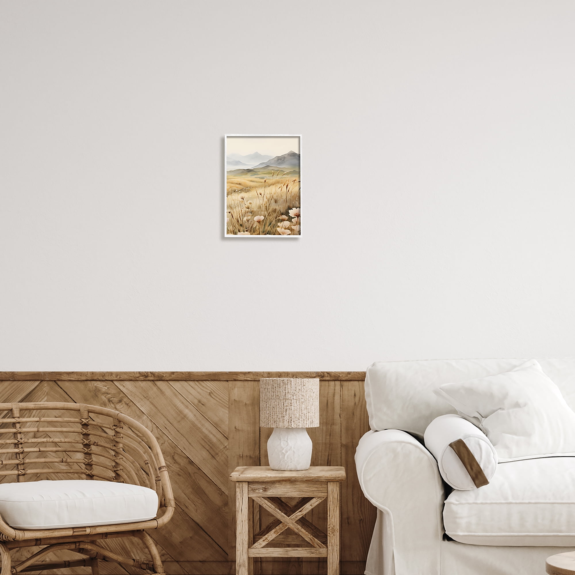 Stupell Industries Mountain View Meadow Landscape Painting White Framed Art Print Wall Art, 11 x 14