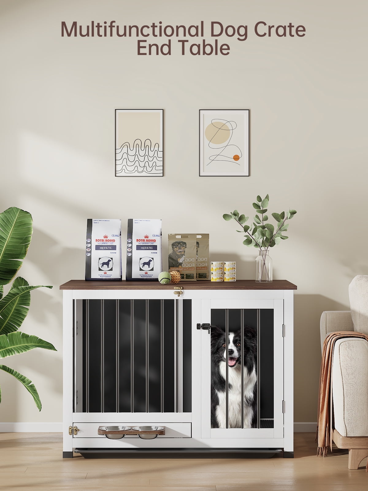39.4"  Collapsible Dog Crate Furniture - Indoor Wooden Kennel with 360° Rotating Feeder & Removable Tray | Sturdy End Table for Medium & Large Dogs | Easy Assembly, Pet Cage for Living Room