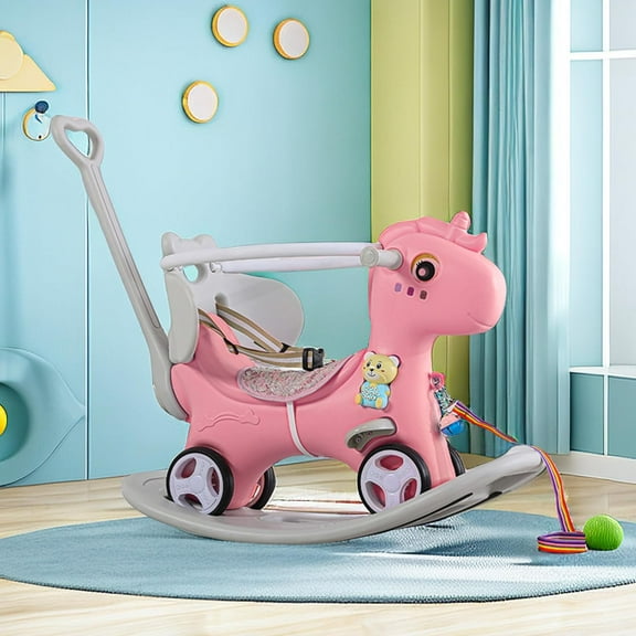 Montary Toddler Rocking Horse Balance Bike/ Baby Rocking Horse Toy w/ Push Handle, Backrest & Board - Ages 1-3 Years(Pink1)