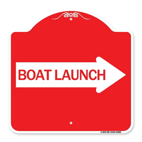 SignMission A-DES-RW-1818-24405 18 x 18 in. Designer Series Sign - Boat Launch with Right Arrow, Red & White