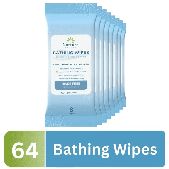 Nurture Rinse Free Bathing Wipes with Aloe & Vitamin E, Hypoallergenic, 64 Shower Wipes (8 Packs)
