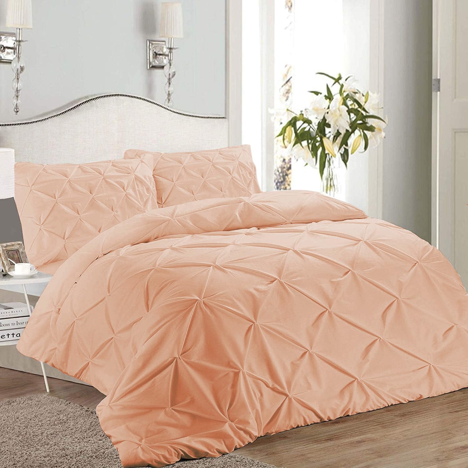 3 Piece Pinch Pleated Duvet Cover Set 100% Cotton 1000 TC with Zipper Closure & Corner Ties Pintuck Bedding Duvet Cover - Full/Queen Size (90" x 90") Inch, Blush Solid