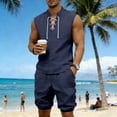 thumbnail image 5 of Mens Linen Sets 2 Piece Outfits Lace up Sleeveless Shirt and Medieval Viking Pirate Shorts Set Vacation Outfit for Men Summer Beach Suits Big and Tall Size S-3XL Navy, 5 of 9