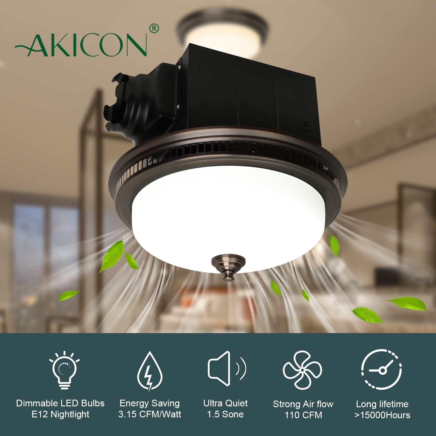 Ultra Quiet Bathroom Exhaust Fan with LED Light & Nightlight 110 CFM 1.5 Sone Bathroom Ventilation Fan with Round Frosted Glass Cover Oil Rubbed Bronze