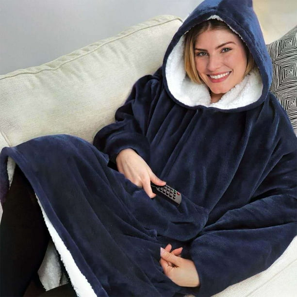 Women Men Huggle Hoodie Blanket 120cm Long Sleeves Plush Lazy TV Pullover Outdoor Warm Robe blue One size