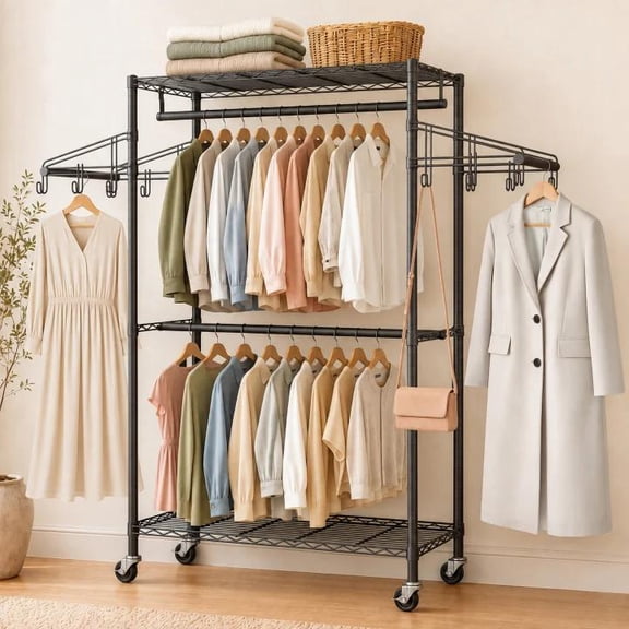 TINANA Heavy Duty Rolling Clothes Rack, 400 lb Capacity, 2 Hanging Rods, 2 Shelves, Side Hooks, Adjustable Black Metal Organizer