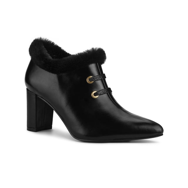 BLISSFUL STEP Women's Faux Fur Buckle Block Heel Ankle Boot Black 8