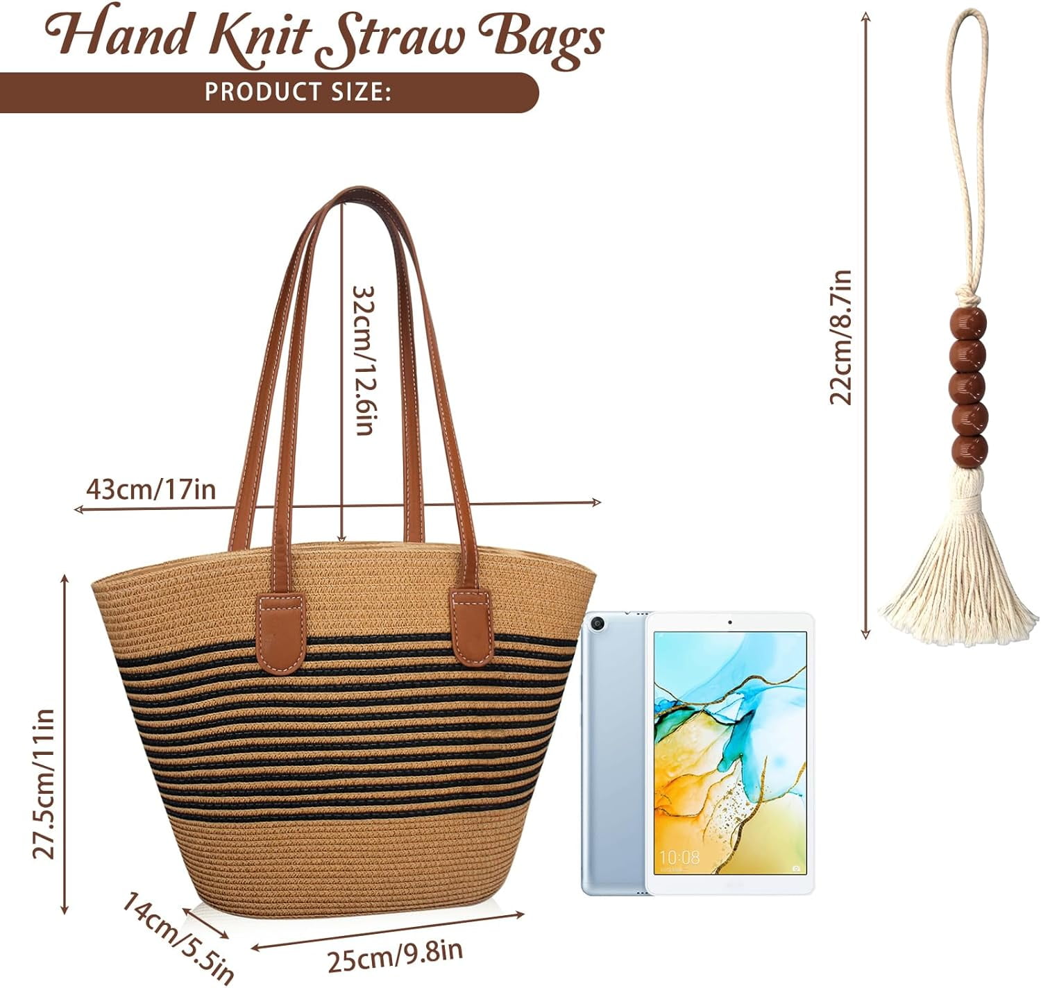 Straw Beach Tote Bag for Women, Large Woven Purse with Zipper for Summer Travel, Beach Vacation Shoulder Bag