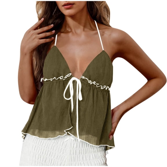 WREESH Women Trendy Halter Neck Contrast Tie Front Crinkle Ruffle Cami Tank Top Summer Going Out