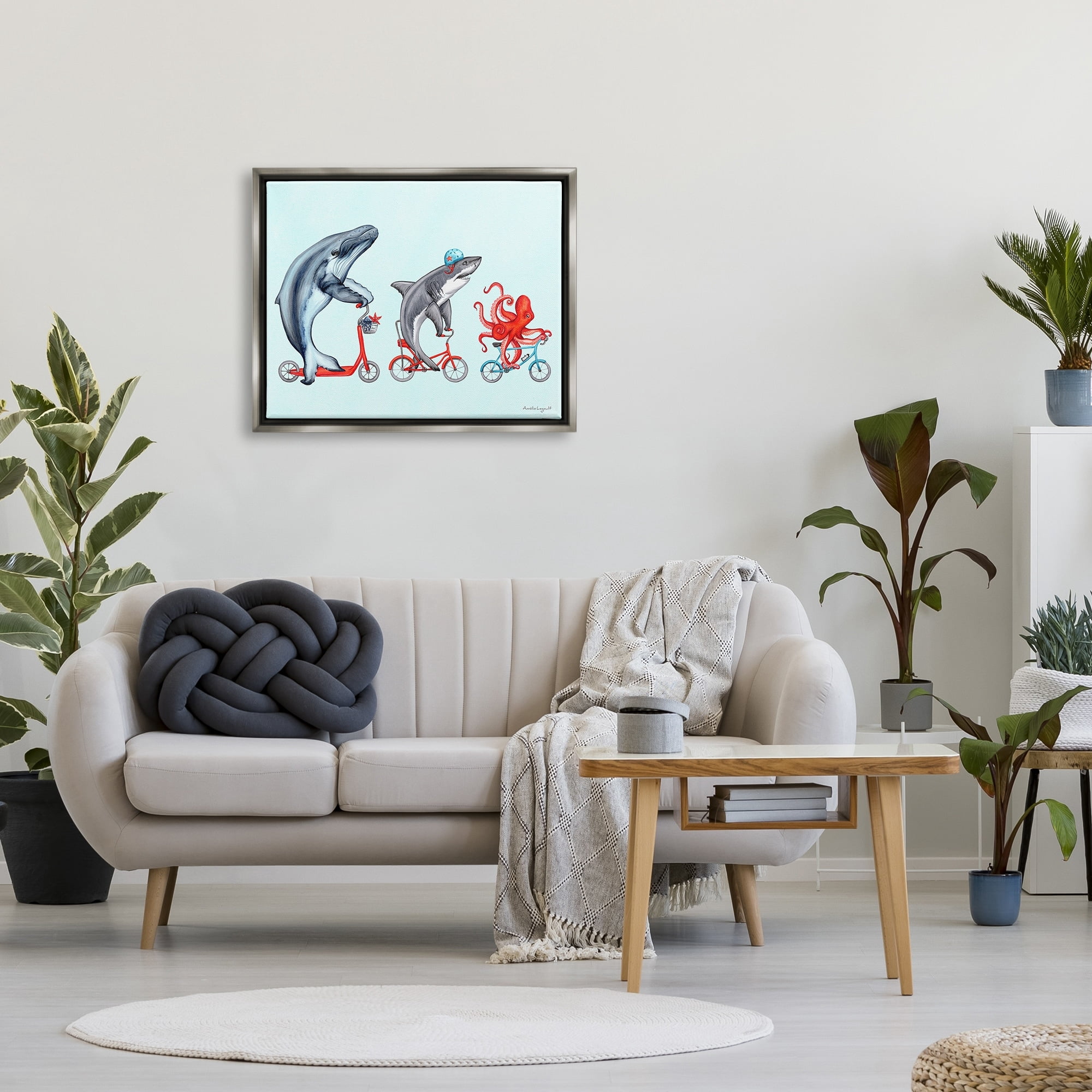 Stupell Industries Aquatic Sea Life Animals Riding Bikes Red Accent Graphic Art Luster Gray Floating Framed Canvas Print Wall Art, Design by Amelie Legault