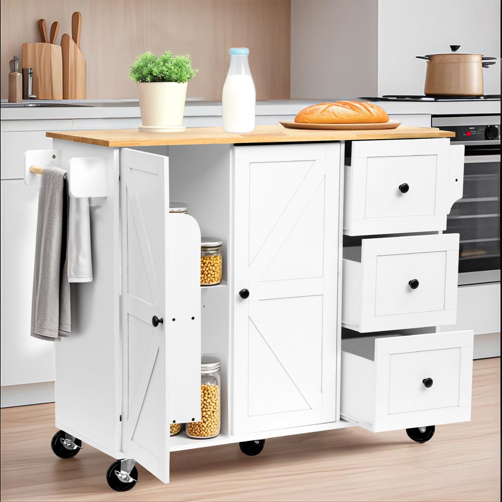 ZZBIQS Kitchen Island Cart on Wheels with  Cabinet & Drawer & 2 Adjustable Shelves, Rolling Kitchen Storage Cabinet with Wine Rack, White
