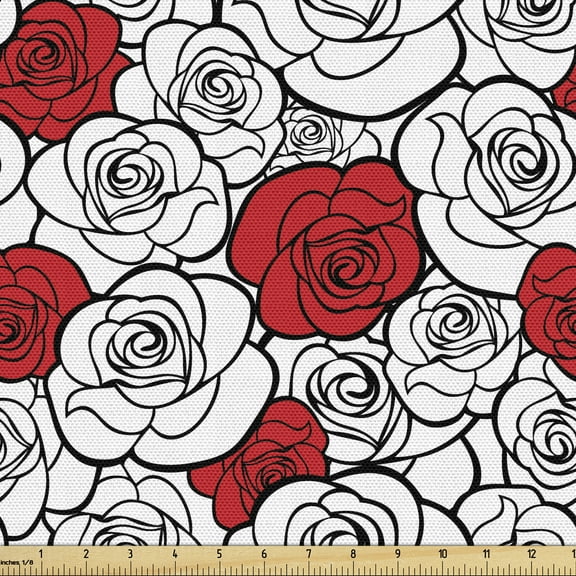 Ambesonne Romantic Fabric by the Yard Upholstery, Roses Love Blossom, 10 Yards, Vermilion Black White