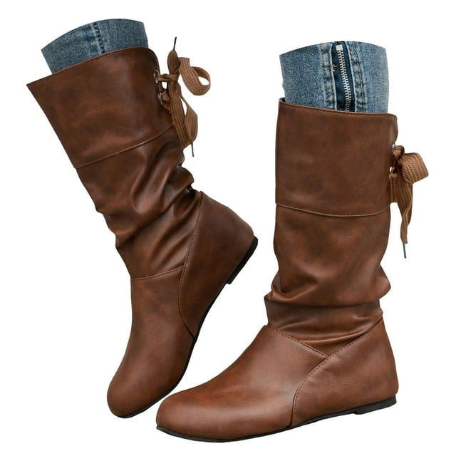 Dakaela Womens Slouch Flat Boots Round Toe Mid Calf Cowgirl Western Booties Winter Walking Work Boot