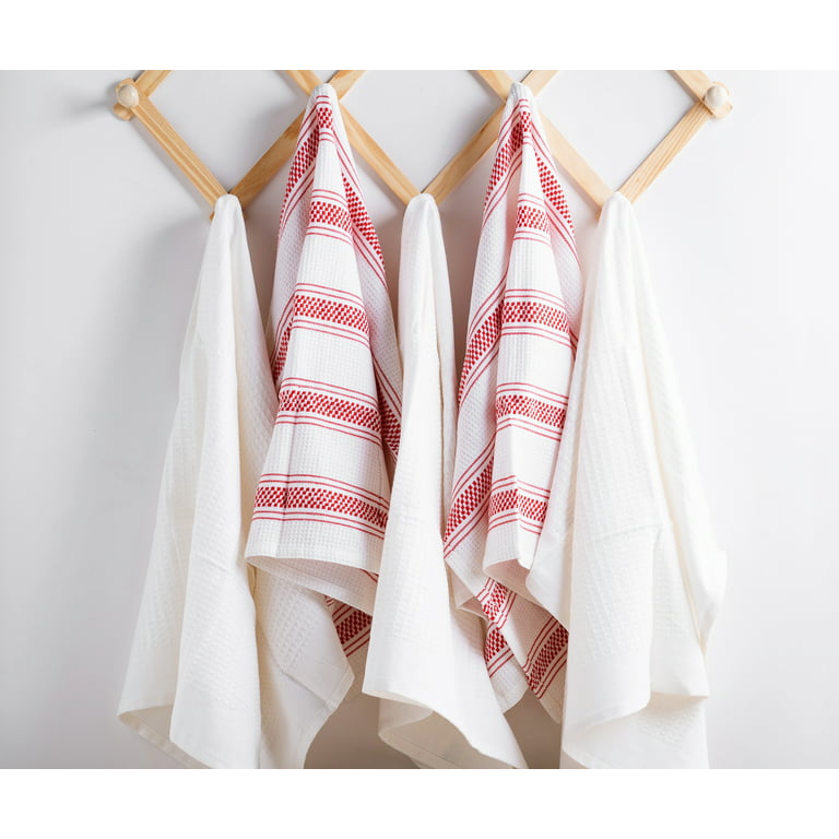 All Cotton and Linen Kitchen Towels, Cotton Dish Towels, Farmhouse Tea Towels, Absorbent Striped Hand Towels Set of 6 18 inchx28 inch (Red/White)