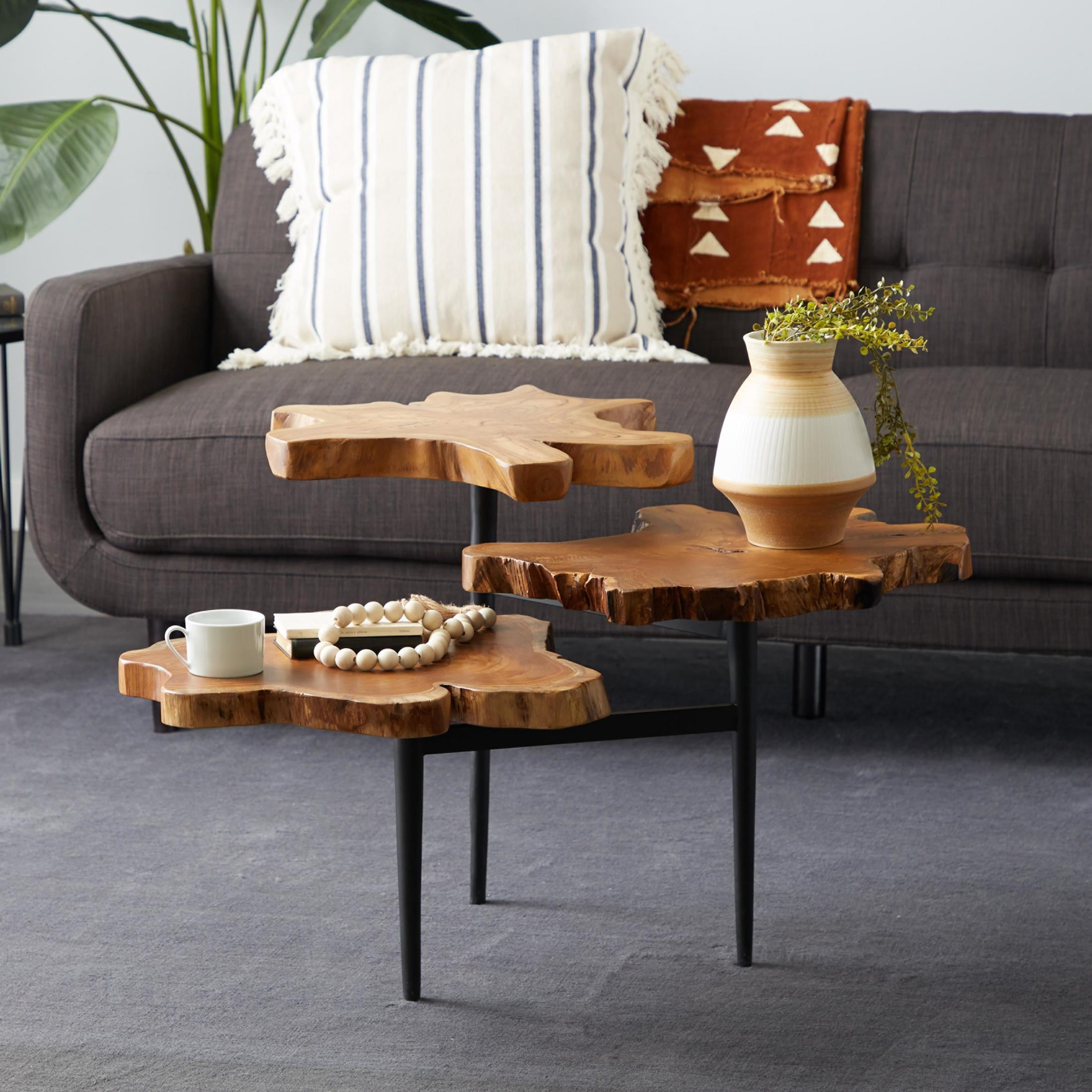 DecMode 32" x 24" Brown Teak Wood Handmade Live Edge 3 Tier Accent Table with Black Metal Base, 1-Piece